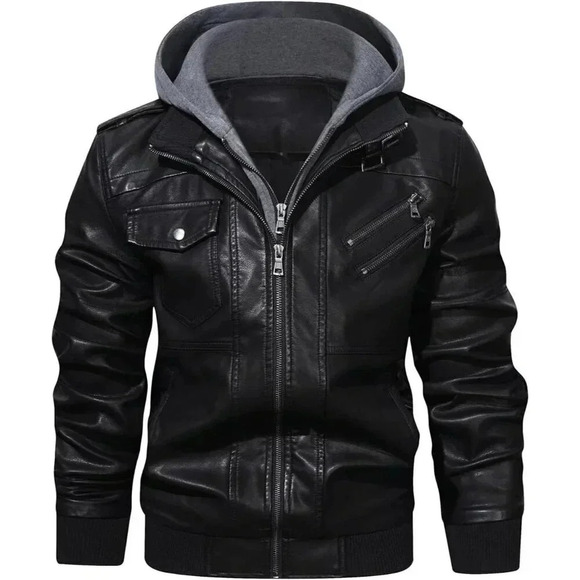 Men’s Stand Collar PU Faux Leather  Zipper Motorcycle Bomber Jacket - Picture 1 of 7